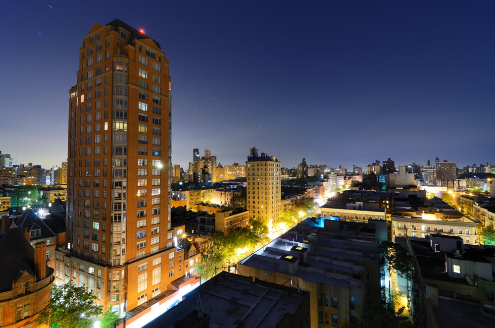 skyline of residential buildings in the Upper West Side of Manhattan at night